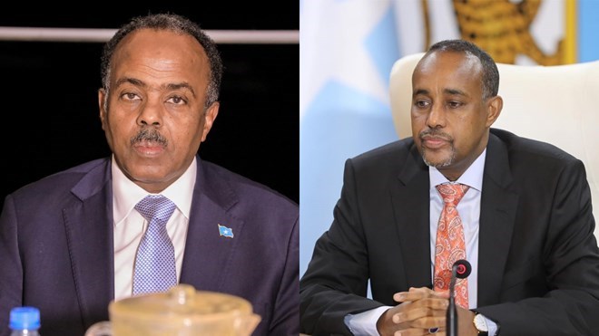 Former Somali Prime Minister Mohamed Hussein Roble at a press briefing discussing his diplomatic passport denial controversy.