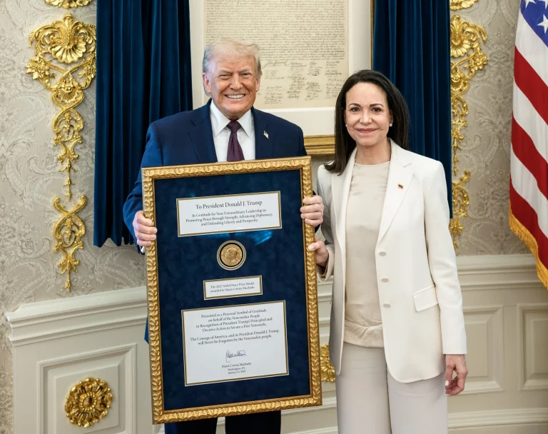 Venezuelan Nobel Peace Prize Winner María Corina Machado Symbolically Gifts Medal to President Trump at White House