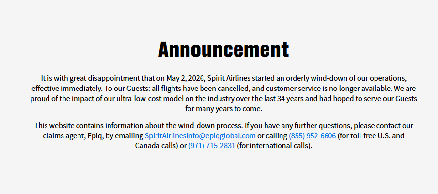 Spirit Airlines Shuts Down Operations, Cancels All Flights